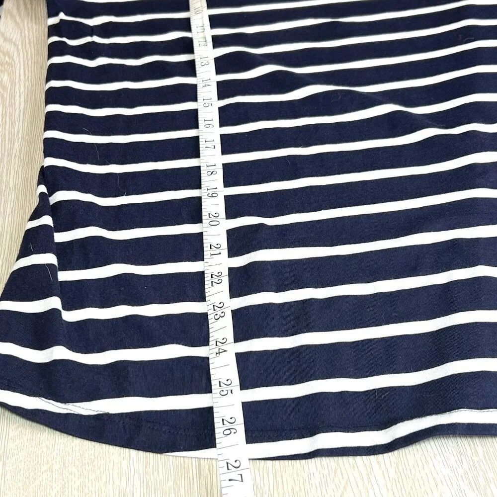 Chico's - Women's L Blouse Navy Blue White Striped Bell Cuffed Boat Neck